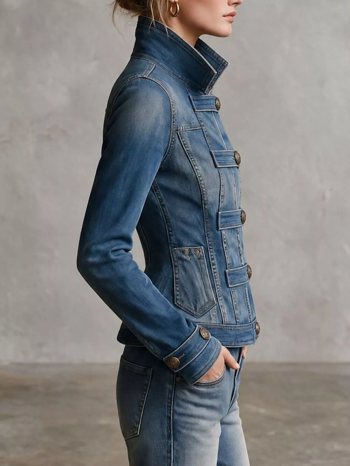 Button Up Fitted Denim Jacket - Dusty Blue - View 3