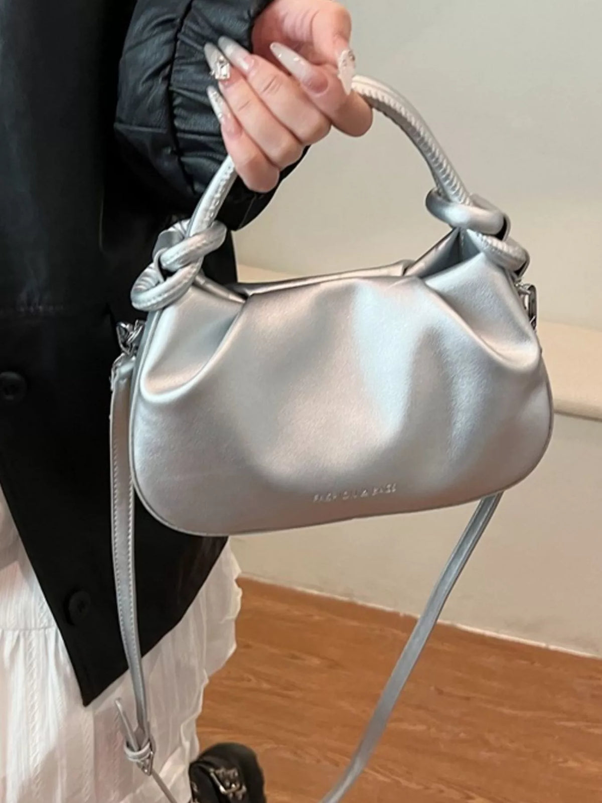 Knot Handle Ruched Crossbody Bag - Gray - View 10