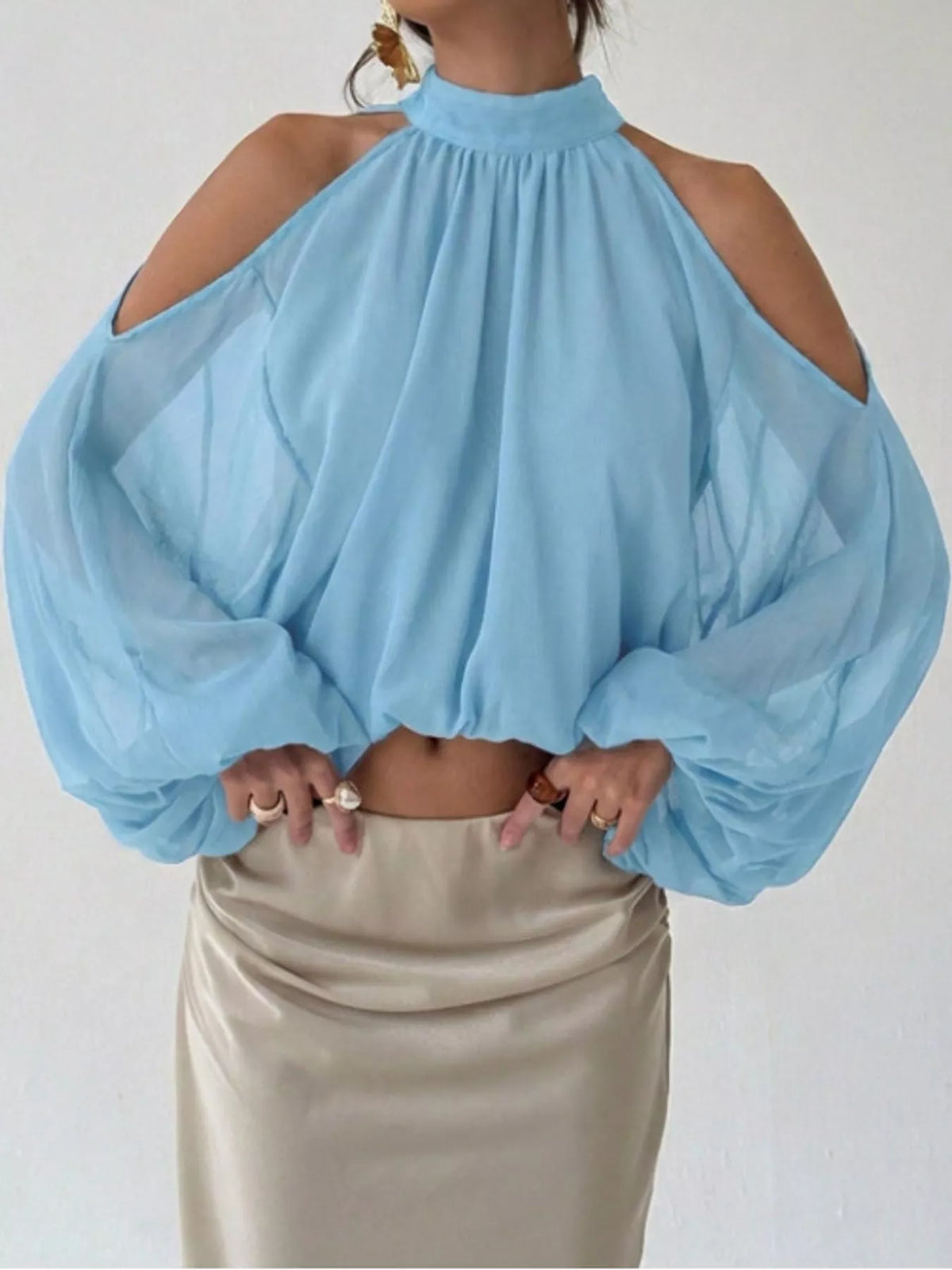 Cold-Shoulder Long Sleeve Blouse - Light Blue - View 1