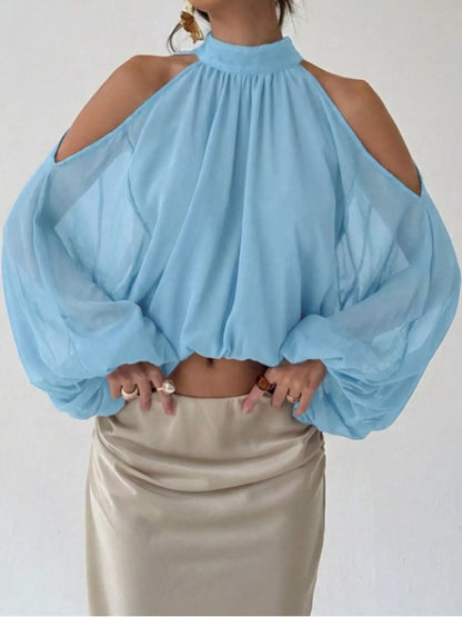 Cold-Shoulder Long Sleeve Blouse - Light Blue - View 1