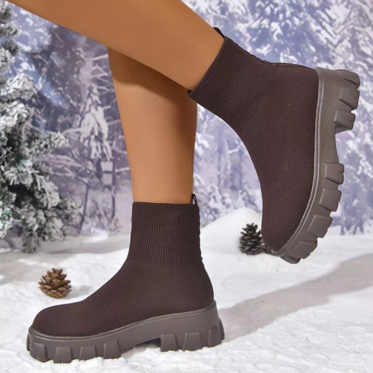 Round Toe Block Heels Boots - Chocolate - View 12