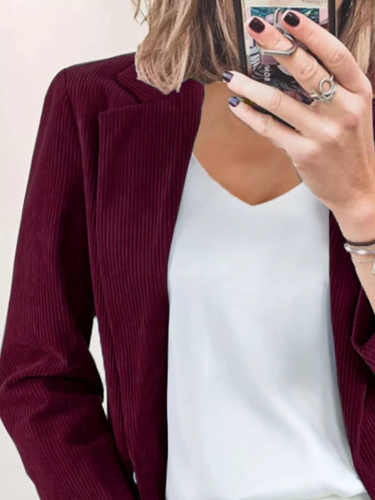 Corduroy Lapel Collar Casual Blazer - Burgundy - View 17