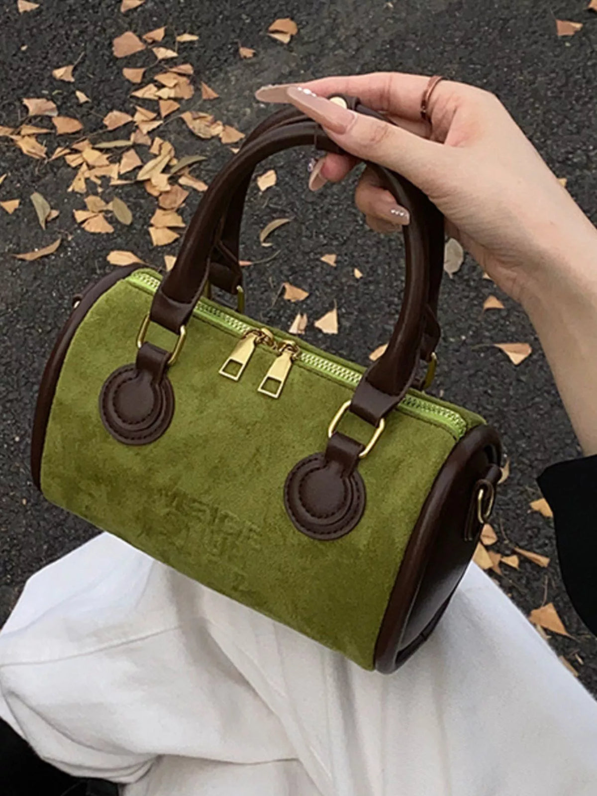 Barrel Crossbody Bag with Top Handle - Green - View 7