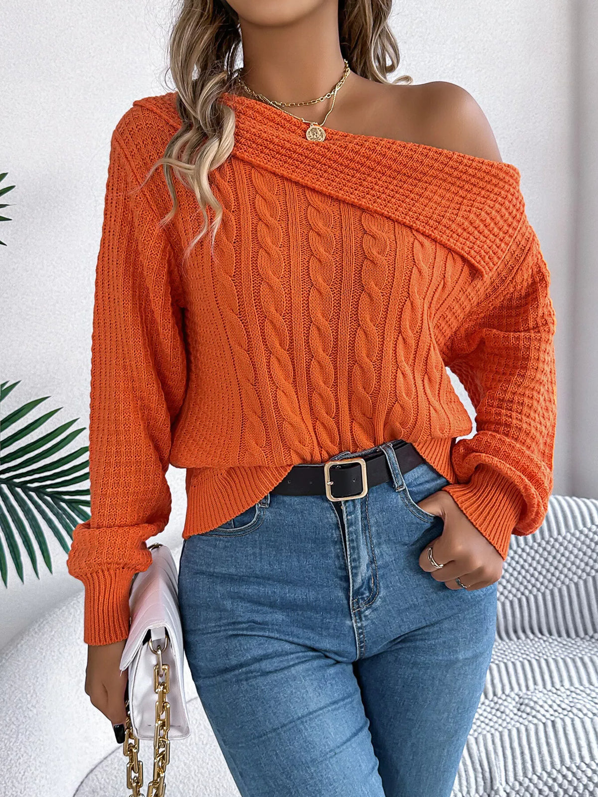 One Shoulder Cable Knit Sweater - Orange - View 3