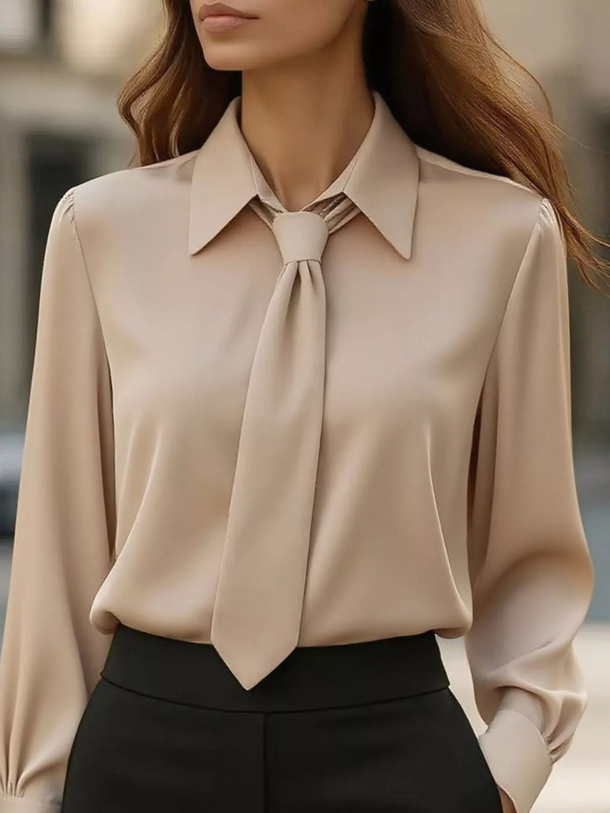 Collared Neck Long Sleeve Blouse - Khaki - View 10