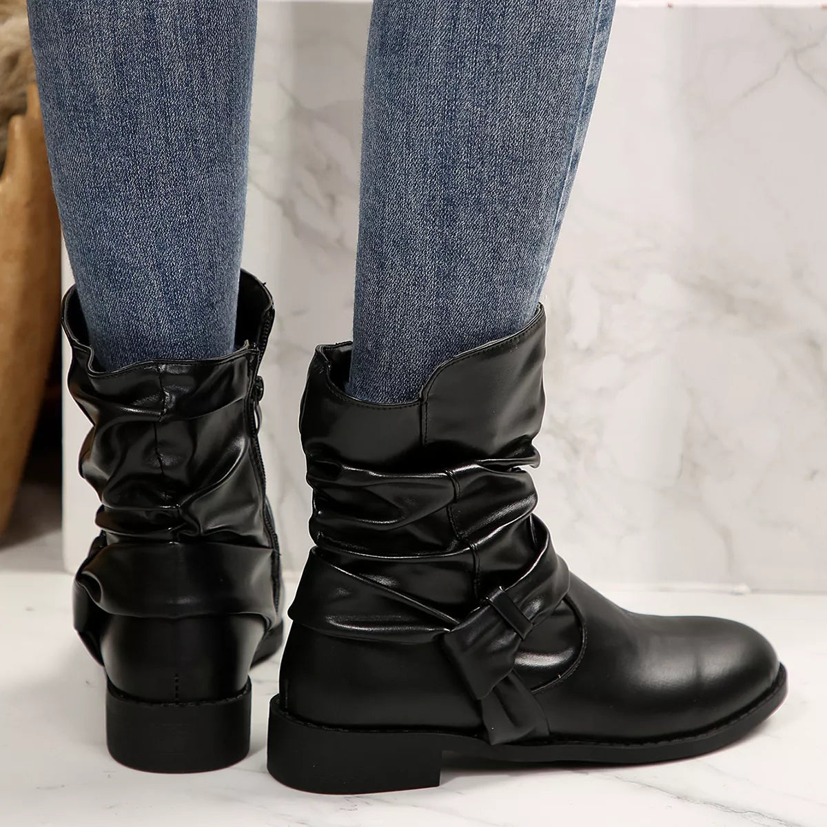 Round Toe Low Heel Boots - Black - View 6