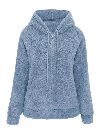 Drawstring Sherpa Zip-Up Hoodie - Ocean Blue - View 1