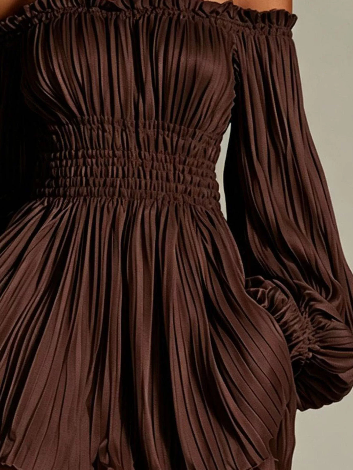 Off-Shoulder Pleated Mini Dress - Brown - View 2