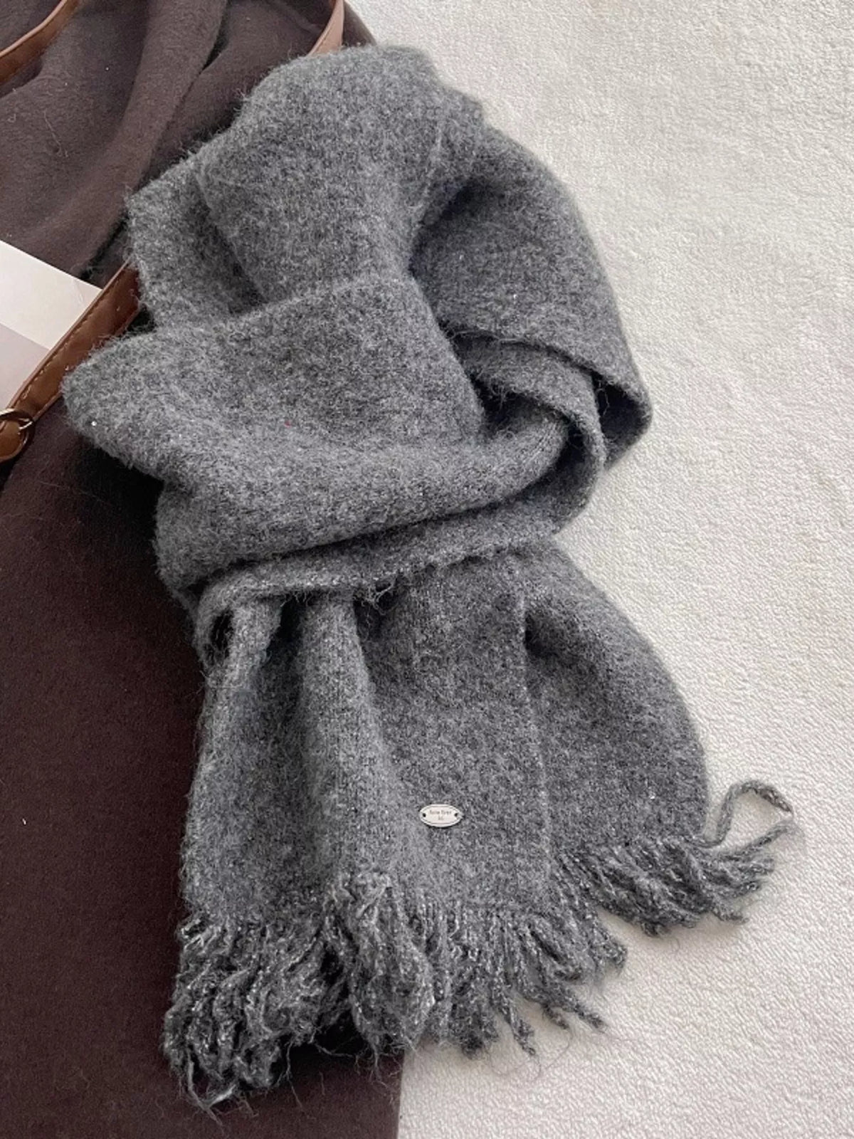 Fringe Hem Knitted Scarf - Dark Gray - View 3