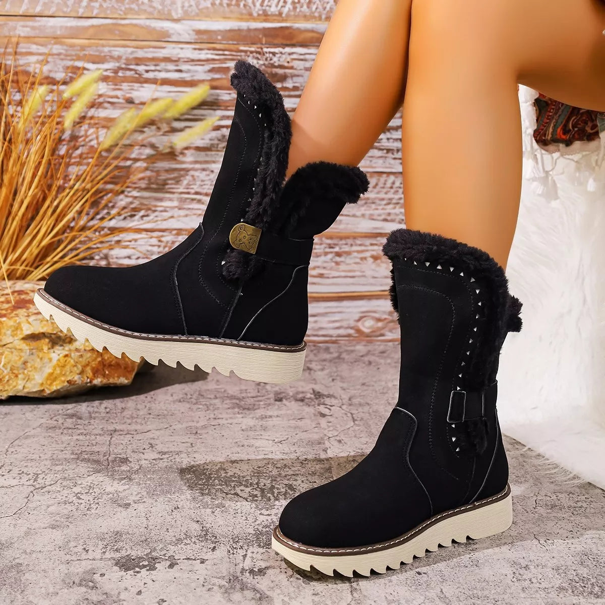 Round Toe Platform Boots - Black - View 2