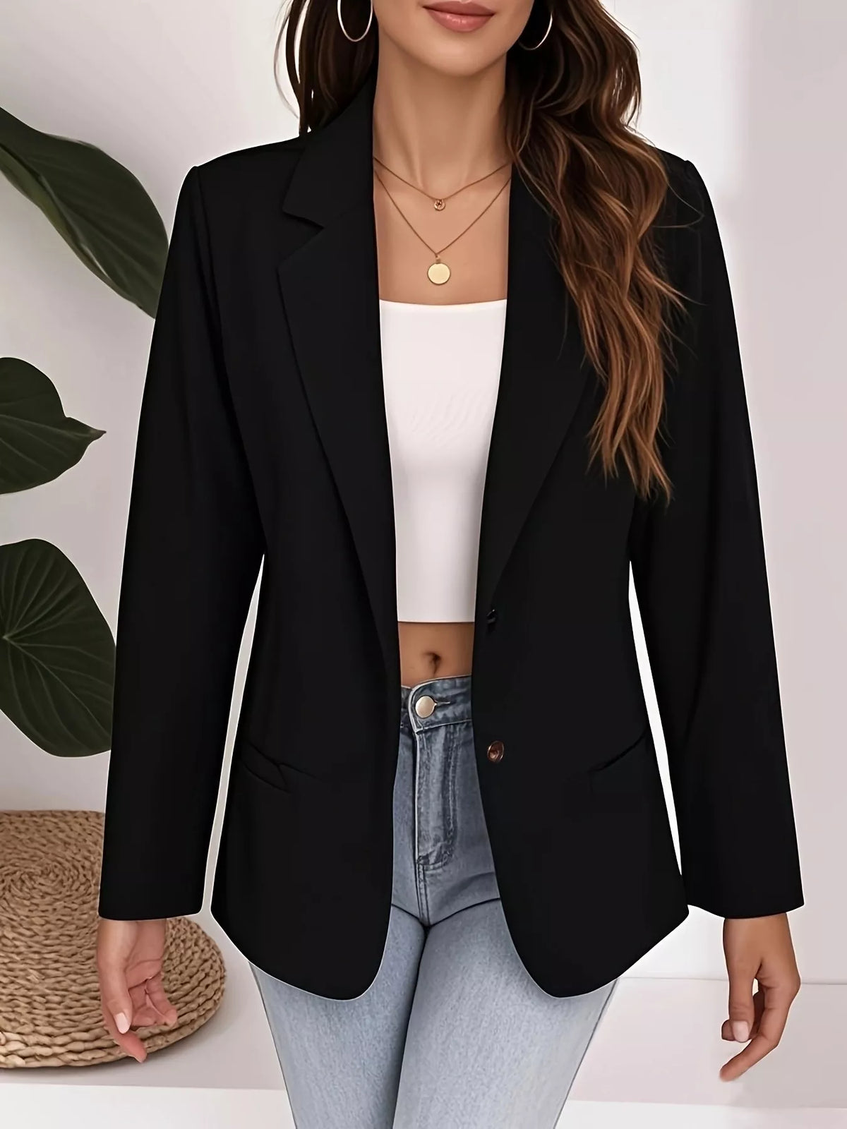 Plus Size Lapel Collar Single-Button Blazer - Black - View 4