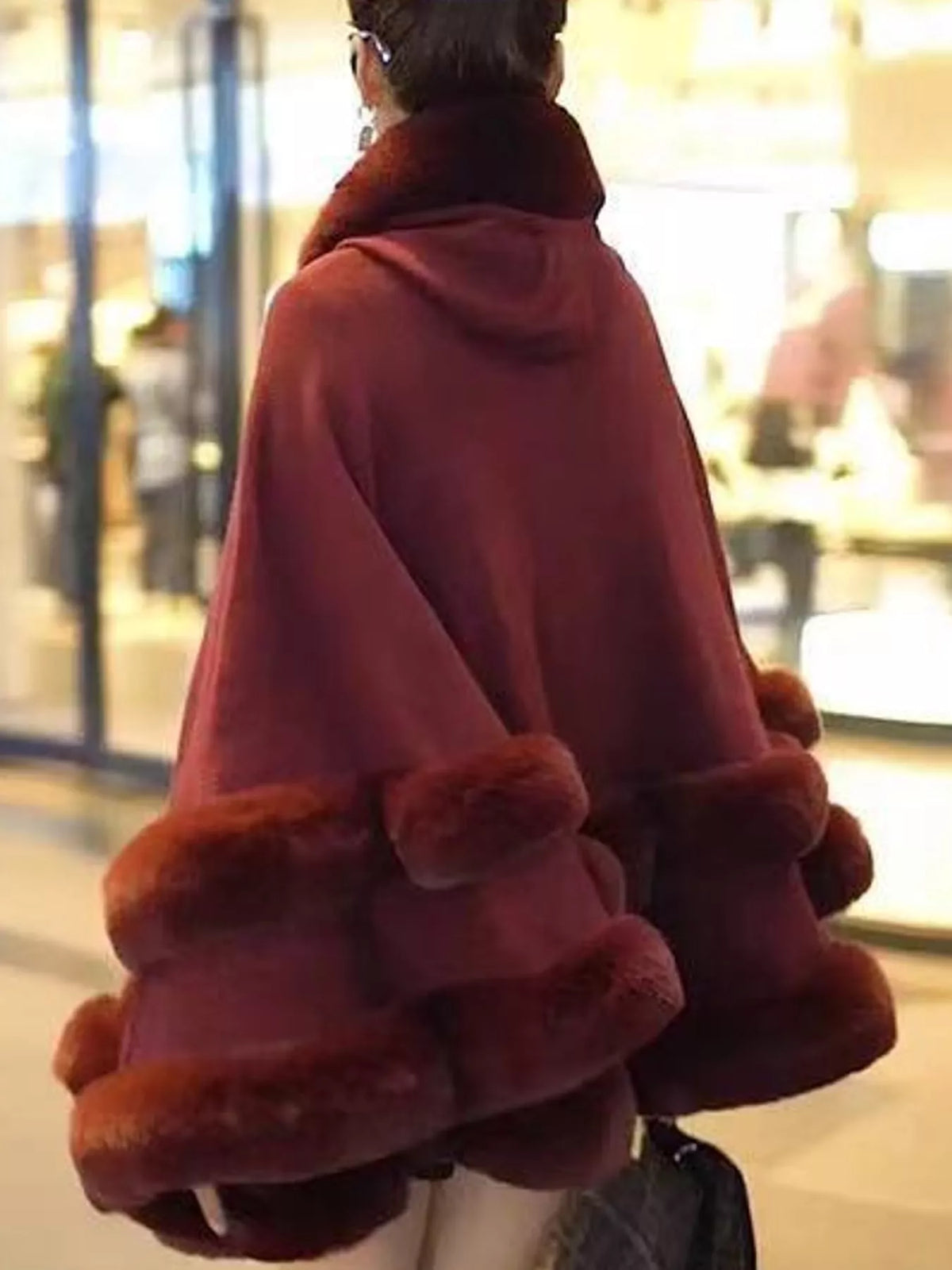 Faux Fur Trimmed Hooded Cape - Burgundy - View 21