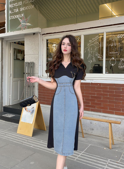Full Size Color Block Denim Patchwork Bodycon Mini Dress Plus Size - Sky Blue - Styled Front View