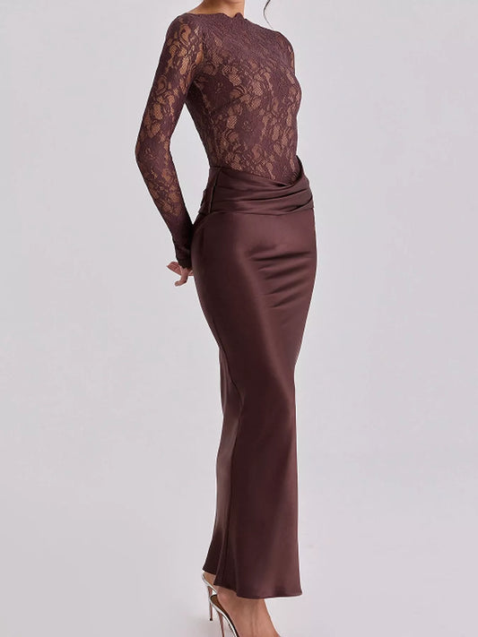 Long-Sleeve Lace and Satin Patchwork Maxi Dress - Dark Red - View 1