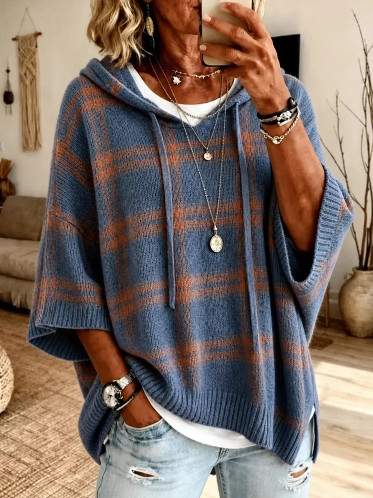 Full Size Drawstring Plaid Hooded Sweater Plus Size - Dark Blue - View 1
