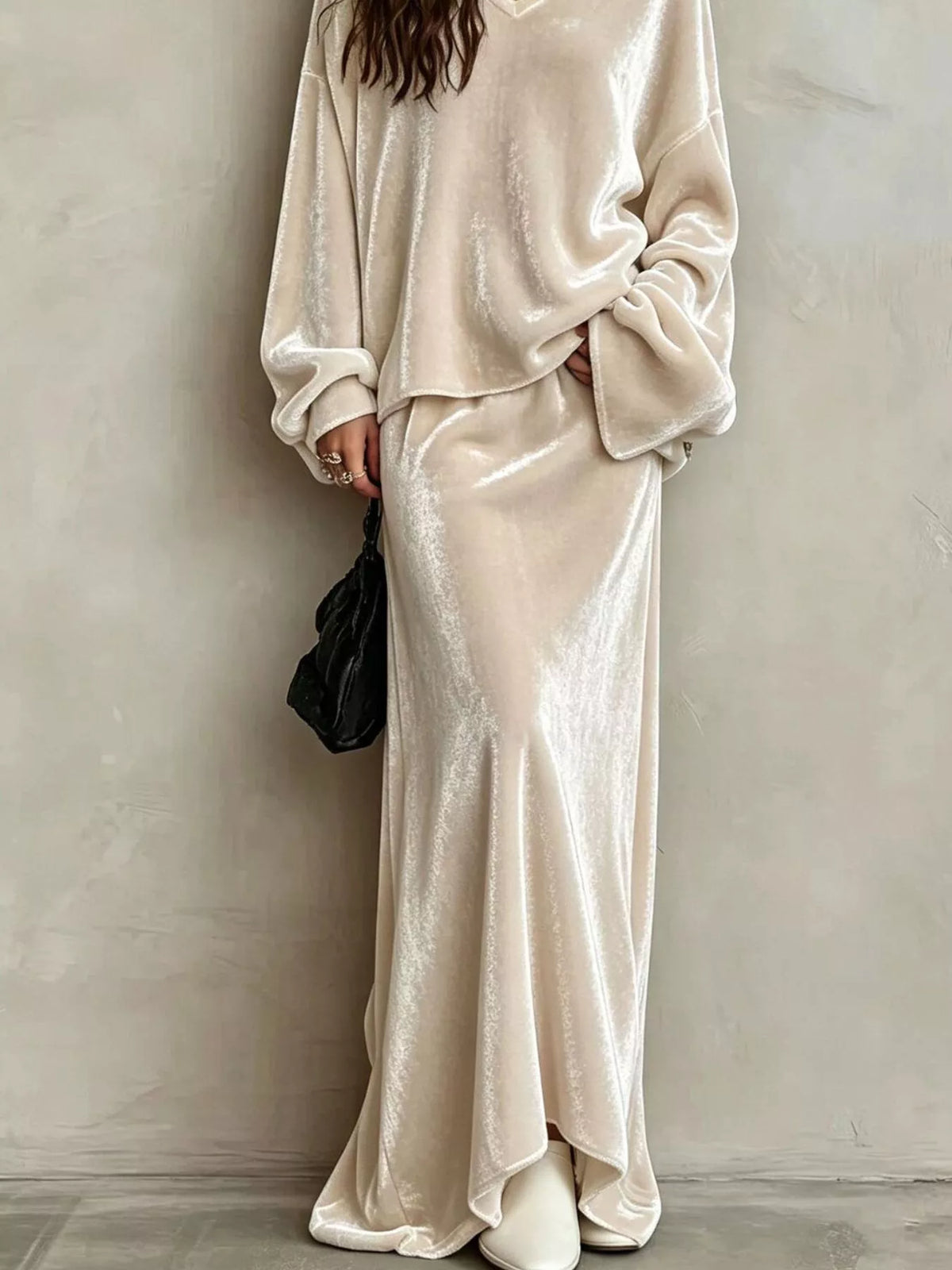 V-Neck Velvet Long Sleeve Top and Maxi Skirt Two-Piece Set - Beige - View 3