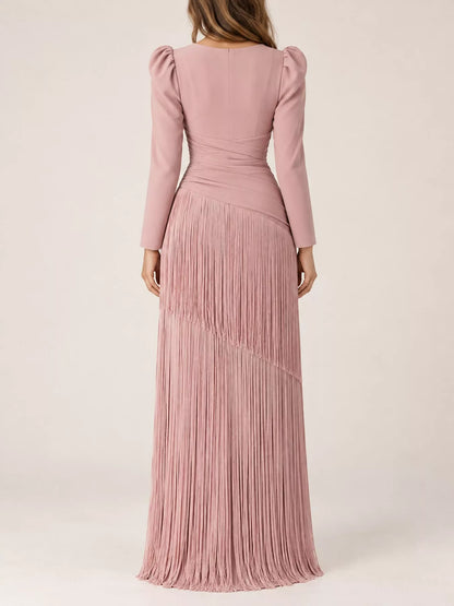 V-Neck Fringe Midi Dress - Pink - View 3