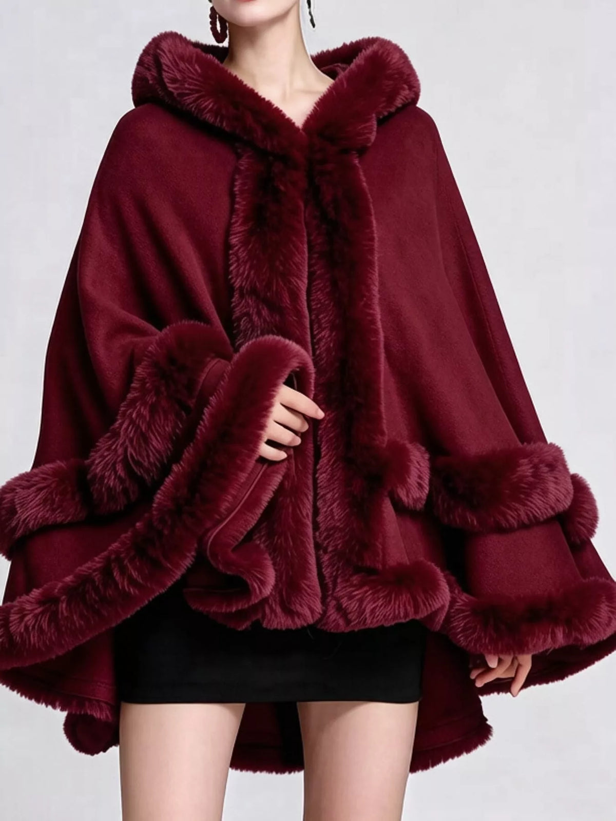 Faux Fur Trimmed Hooded Cape - Burgundy - View 19