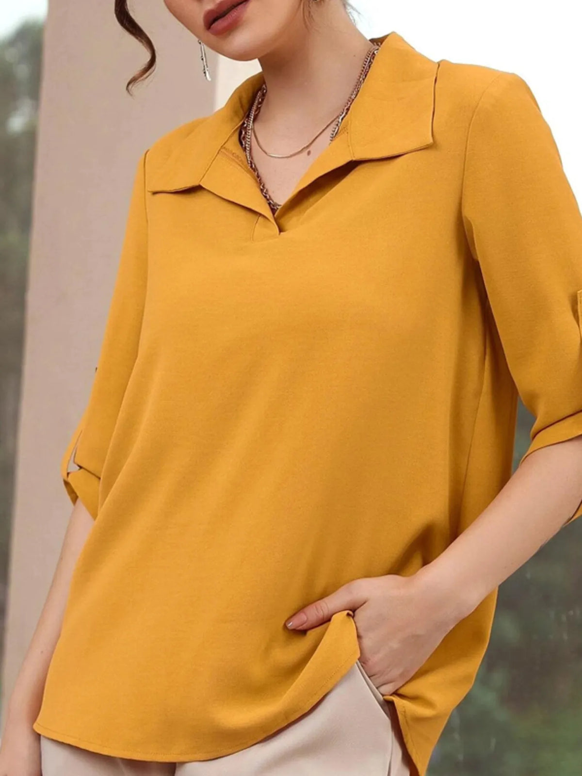 Collared Neck Half Sleeve Blouse - Yellow - View 1