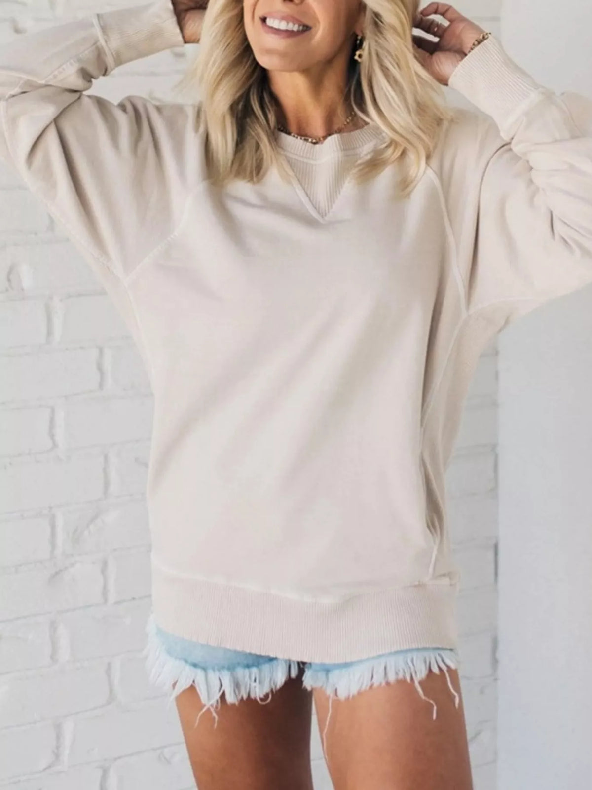Crew Neck Raglan Sleeve Sweatshirt - Apricot - View 19