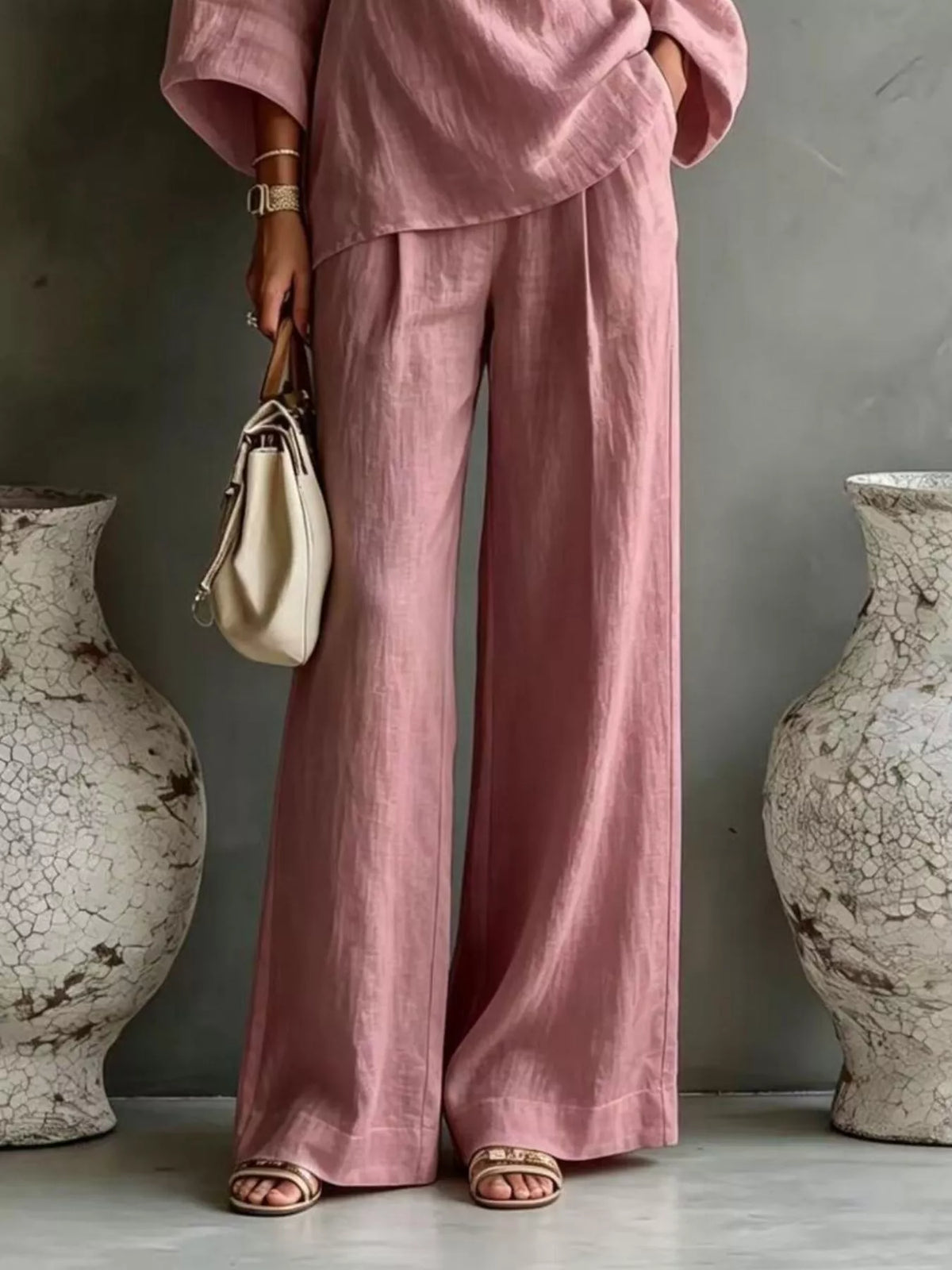One Shoulder Top and Wide Leg Pants Set - Dusty Pink - View 3