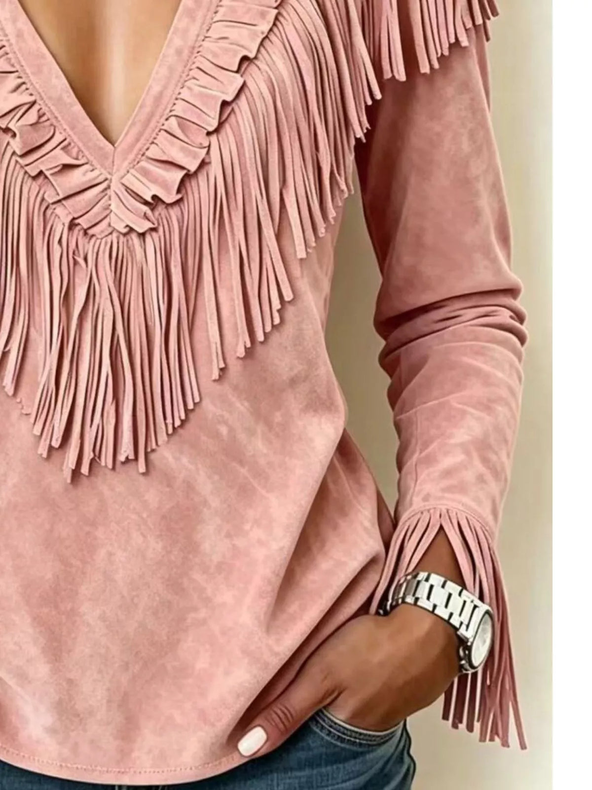 Fringed V-Neck Blouse - Dusty Pink - View 3