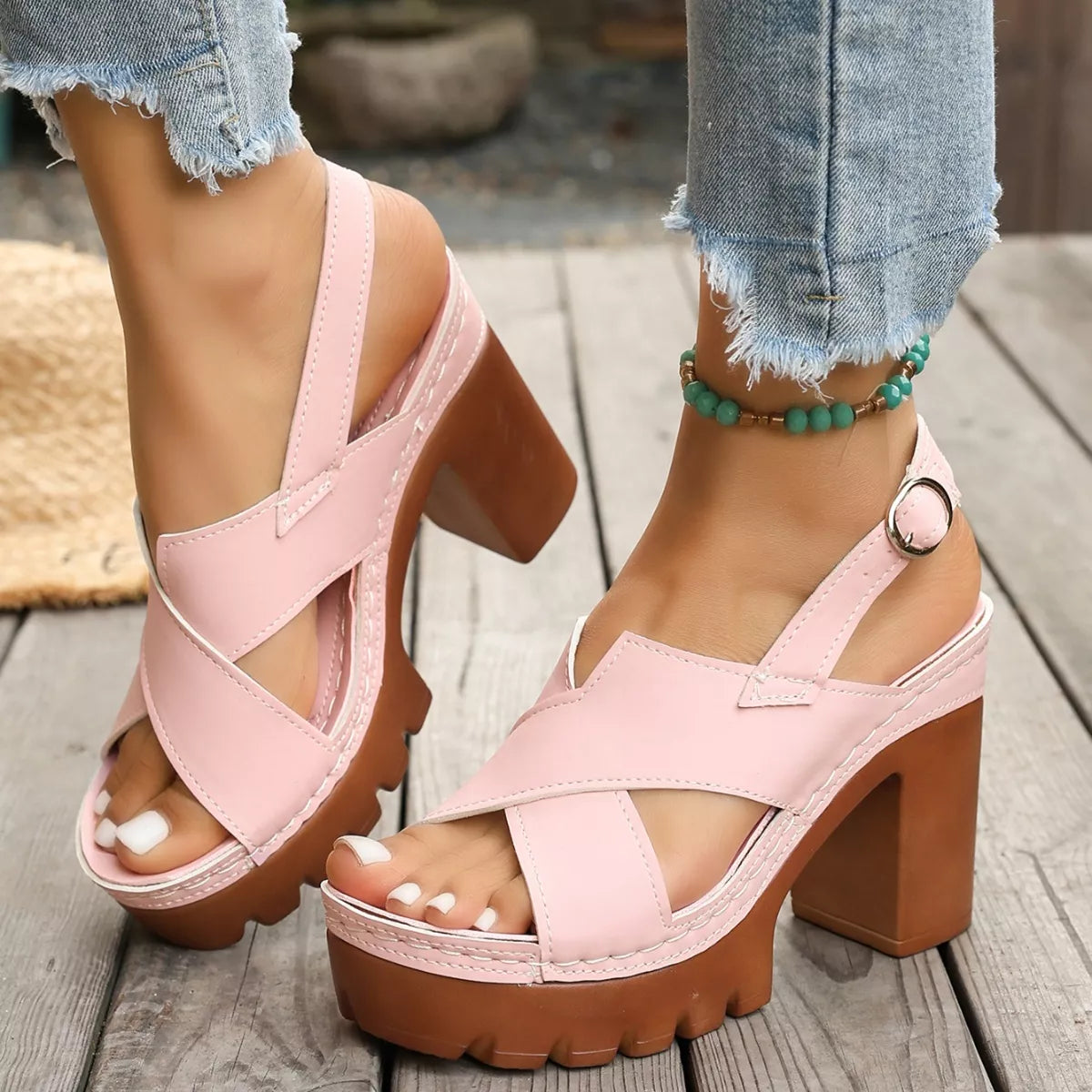Open Toe Block Heels Sandals - Pink - View 1