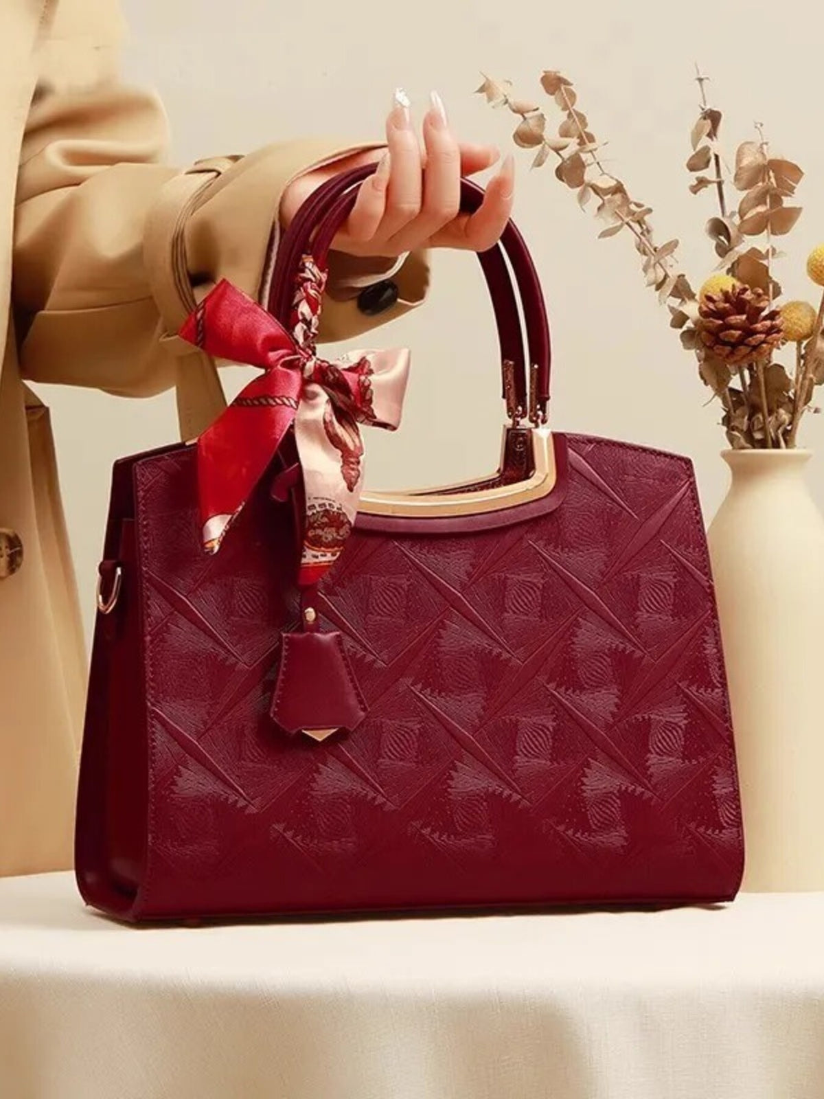 Embossed Leather Top Handle Handbag - Wine Red - View 2