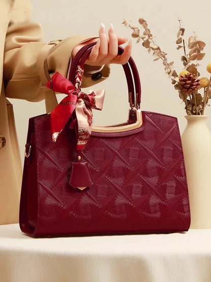 Embossed Leather Top Handle Handbag - Wine Red - View 2