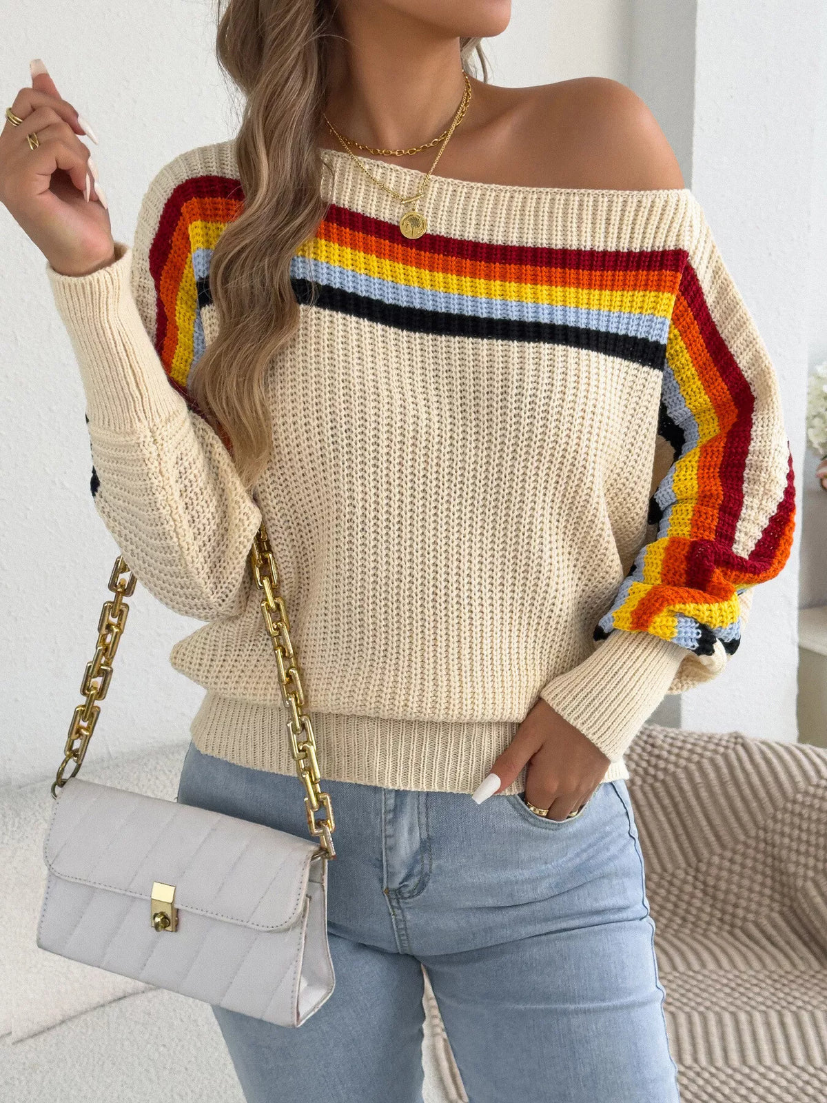 Striped Knit Boat Neck Sweater - All Colors - View 2