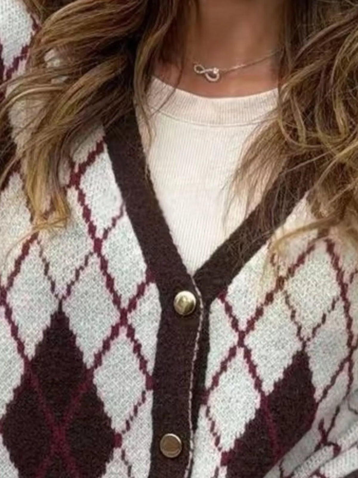 Full Size Argyle Pattern V-Neck Button-Down Knit Cardigan Plus Size - White - View 2