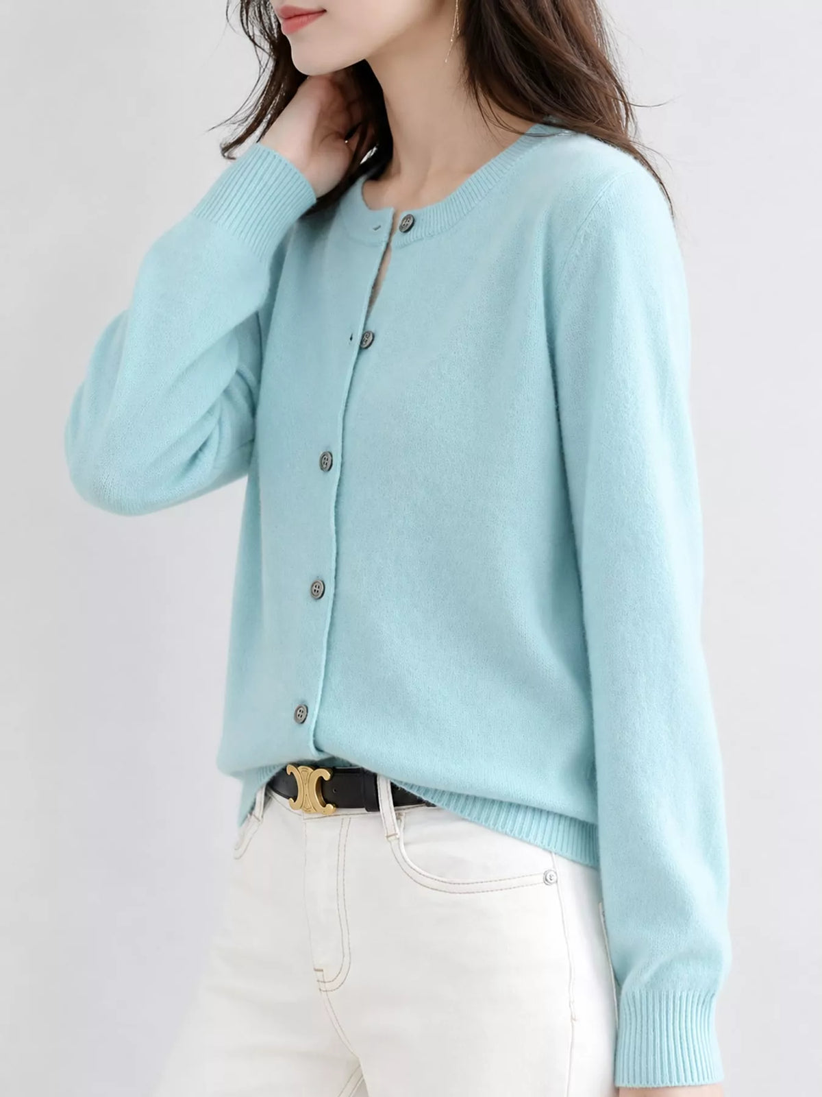 Crew-Neck Button-Down Cardigan - Sage Green - View 13