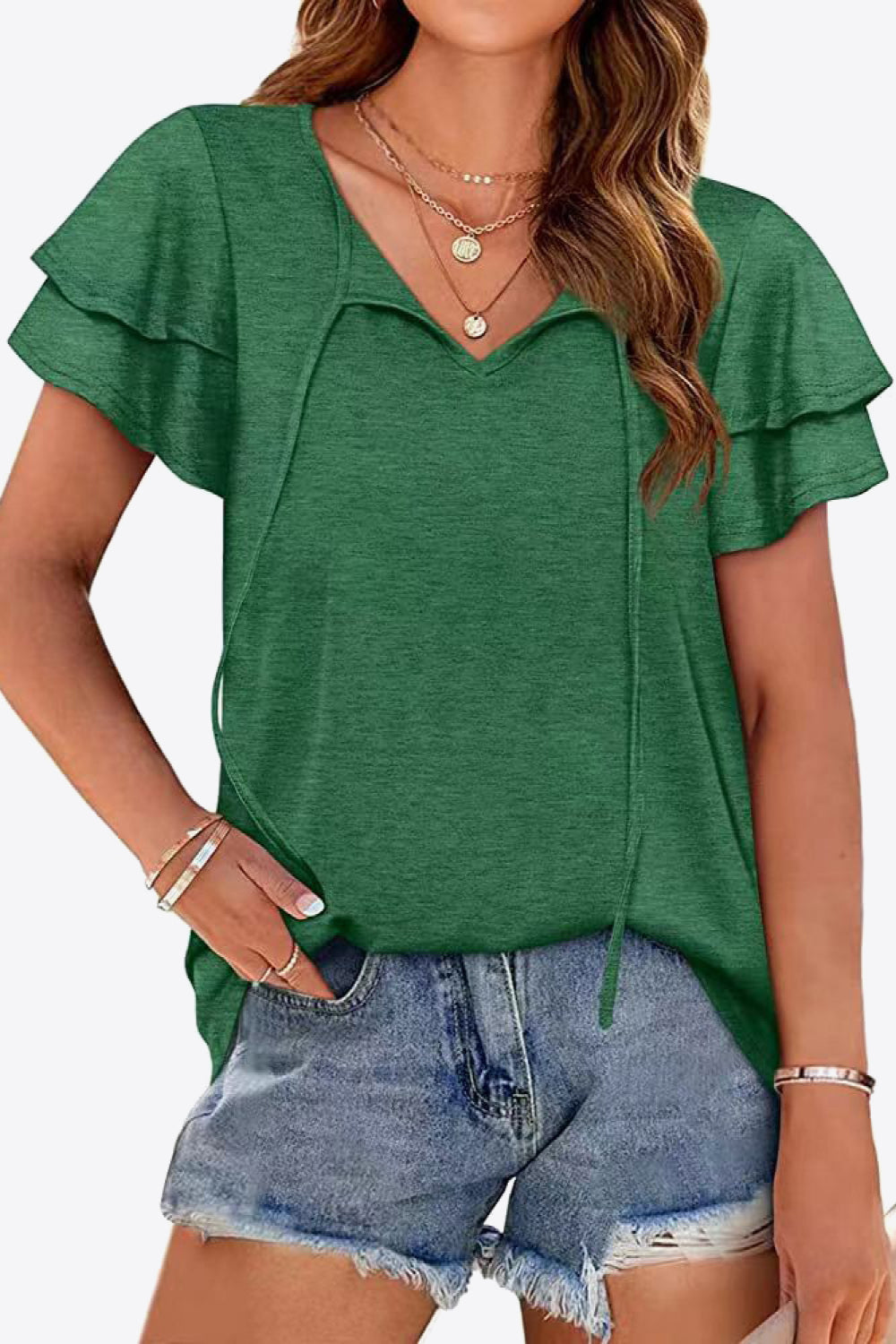 Tie-Neck Layered Flutter Sleeve Blouse - Forest - View 22