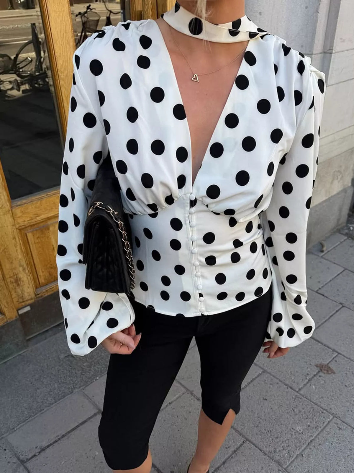 Polka Dot Balloon Sleeve Blouse - White - View 1