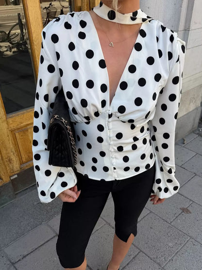 Polka Dot Balloon Sleeve Blouse - White - View 1