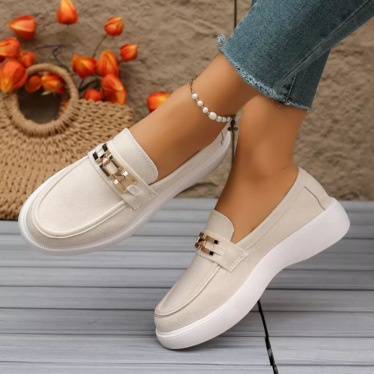 Round Toe Slip-Ons - Off-white - View 1