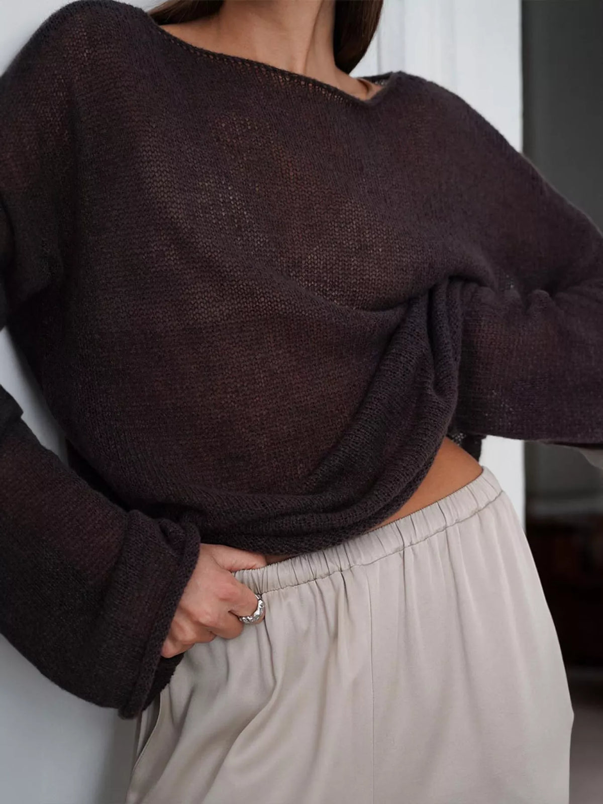 Lightweight Dropped Shoulder Knit Cover Up - Brown - View 7