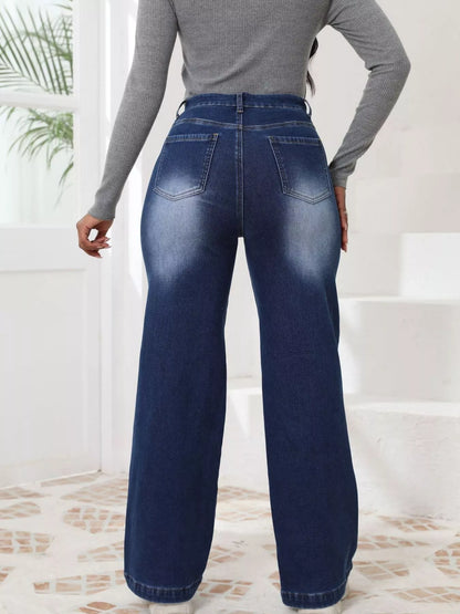 High-Waisted Washed Wide-Leg Jeans - Dark Blue - View 3