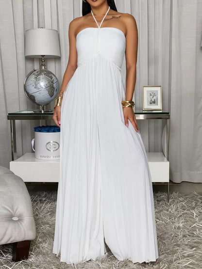 Pleated Halter Neck Wide Leg Jumpsuit - White - View 8