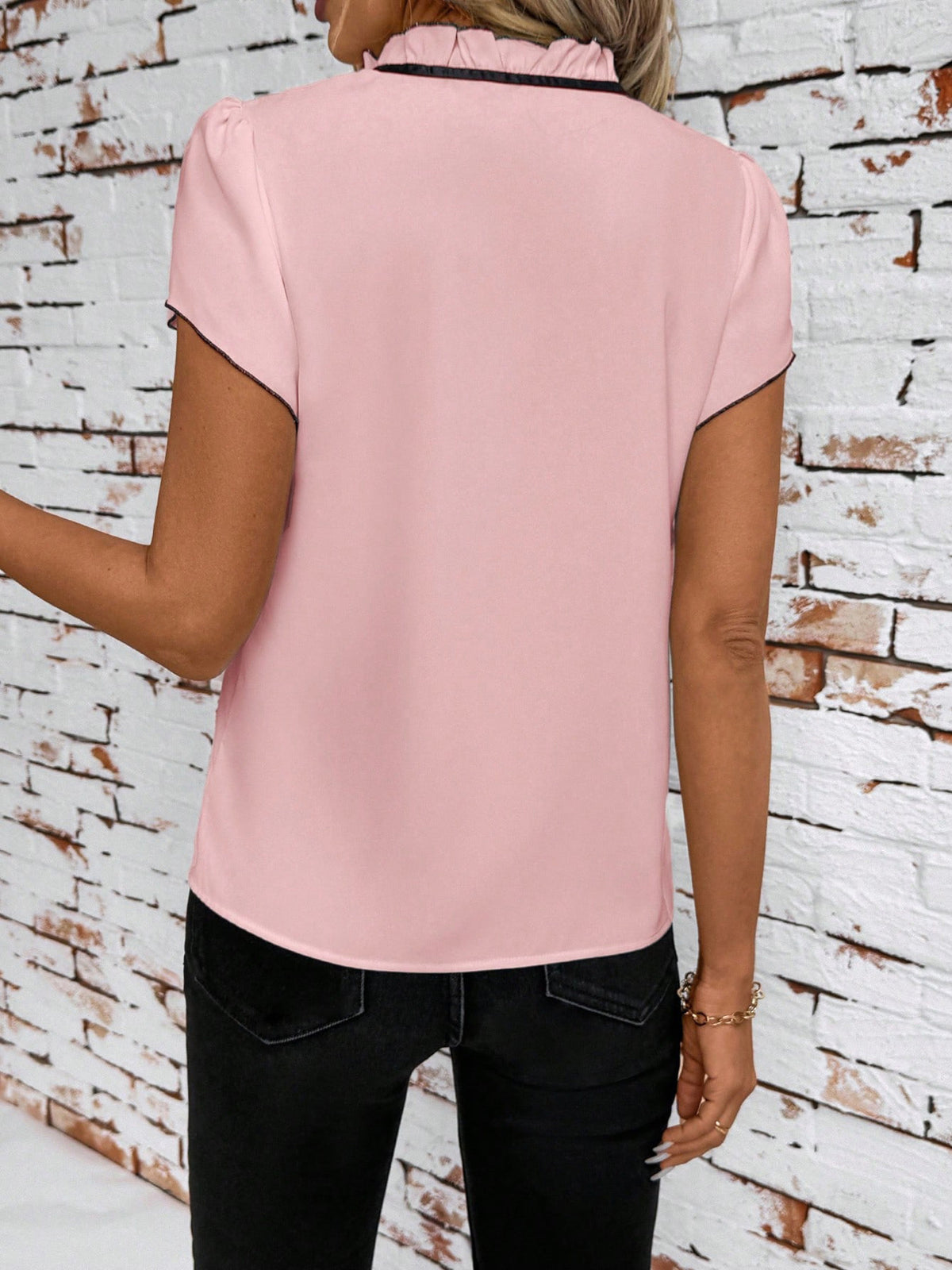 Tie Neck Short Sleeve Blouse - Pink - View 11