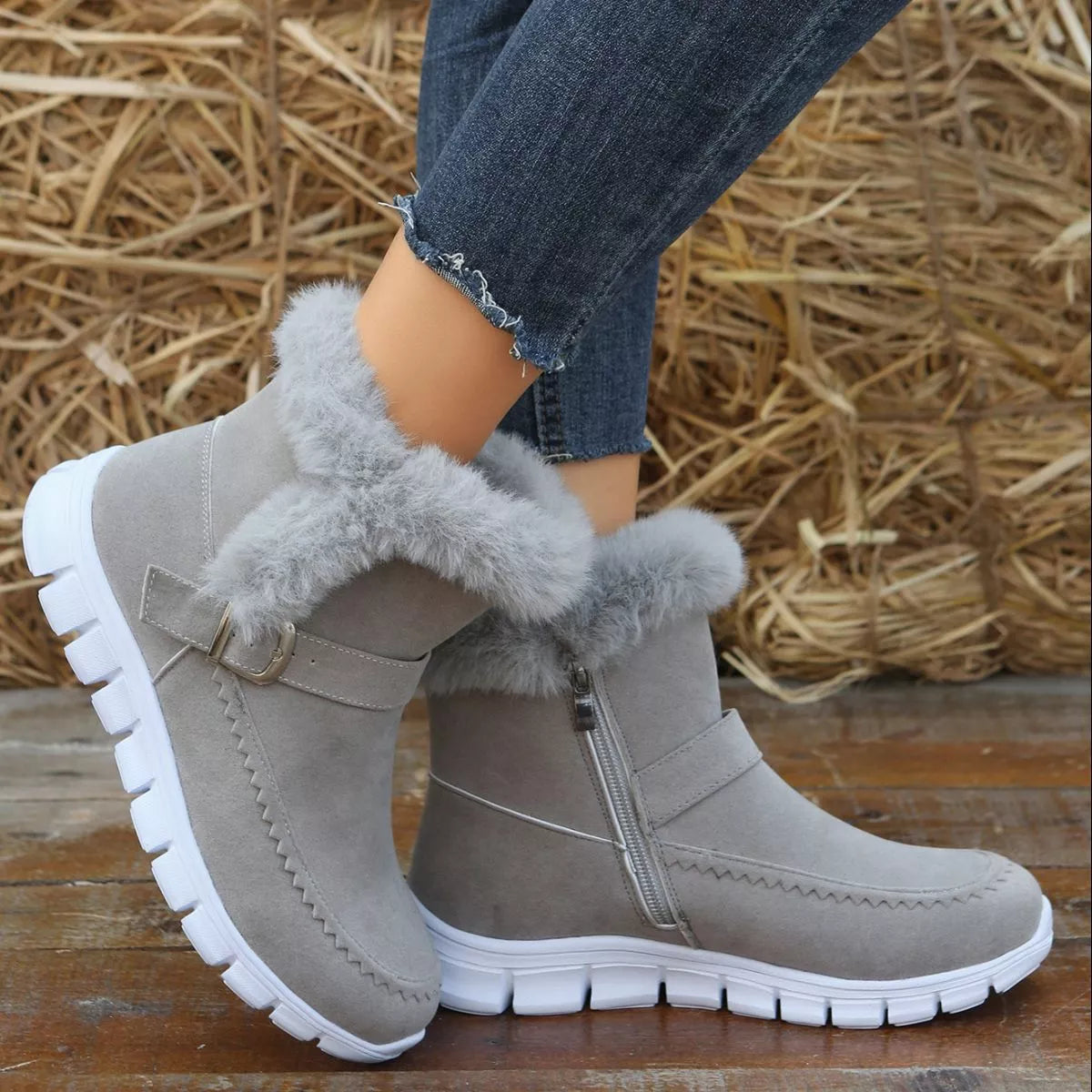 Fuzzy Trim Buckle Boots - Dark Gray - View 3