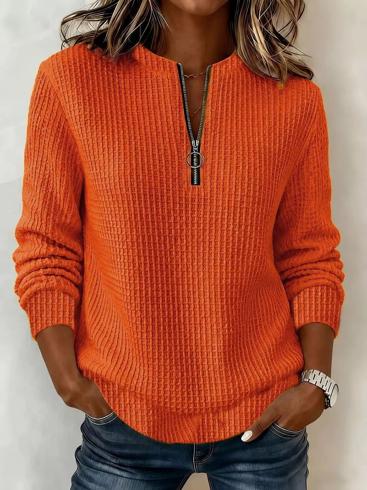Full Size Quarter-Zip Textured Sweatshirt Plus Size - Orange Red - View 7