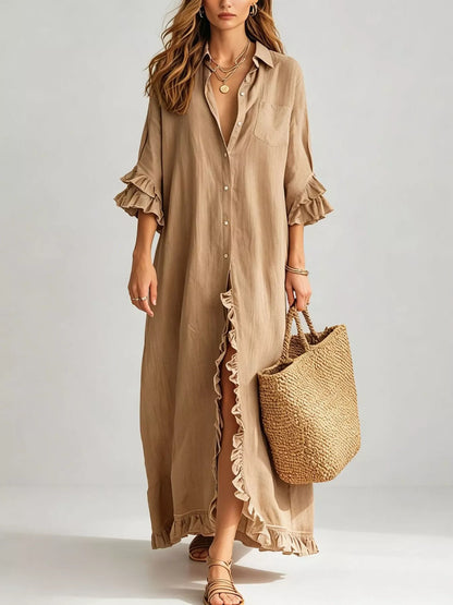 Full Size Ruffled Trim Button-Down Maxi Shirt Dress Plus Size - Khaki - View 1