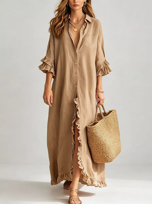 Full Size Ruffled Trim Button-Down Maxi Shirt Dress Plus Size - Khaki - View 1