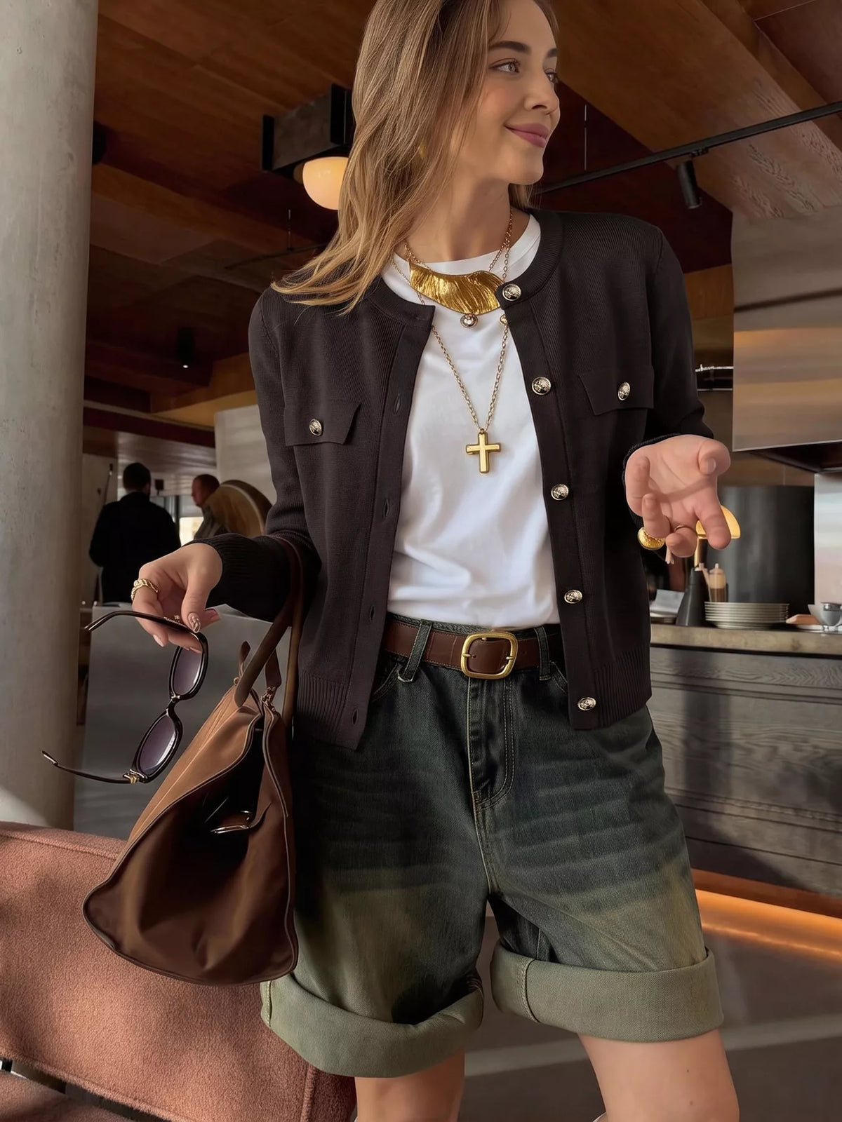 Button Down Long Sleeve Cardigan - Coffee Brown - View 4