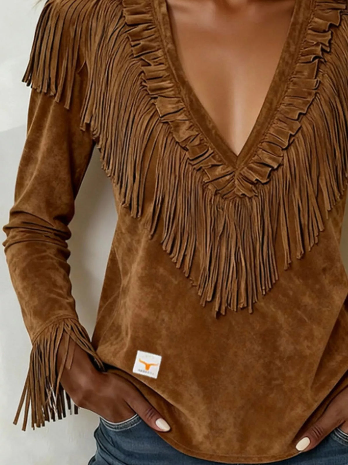 Fringed V-Neck Blouse - Brown - View 3