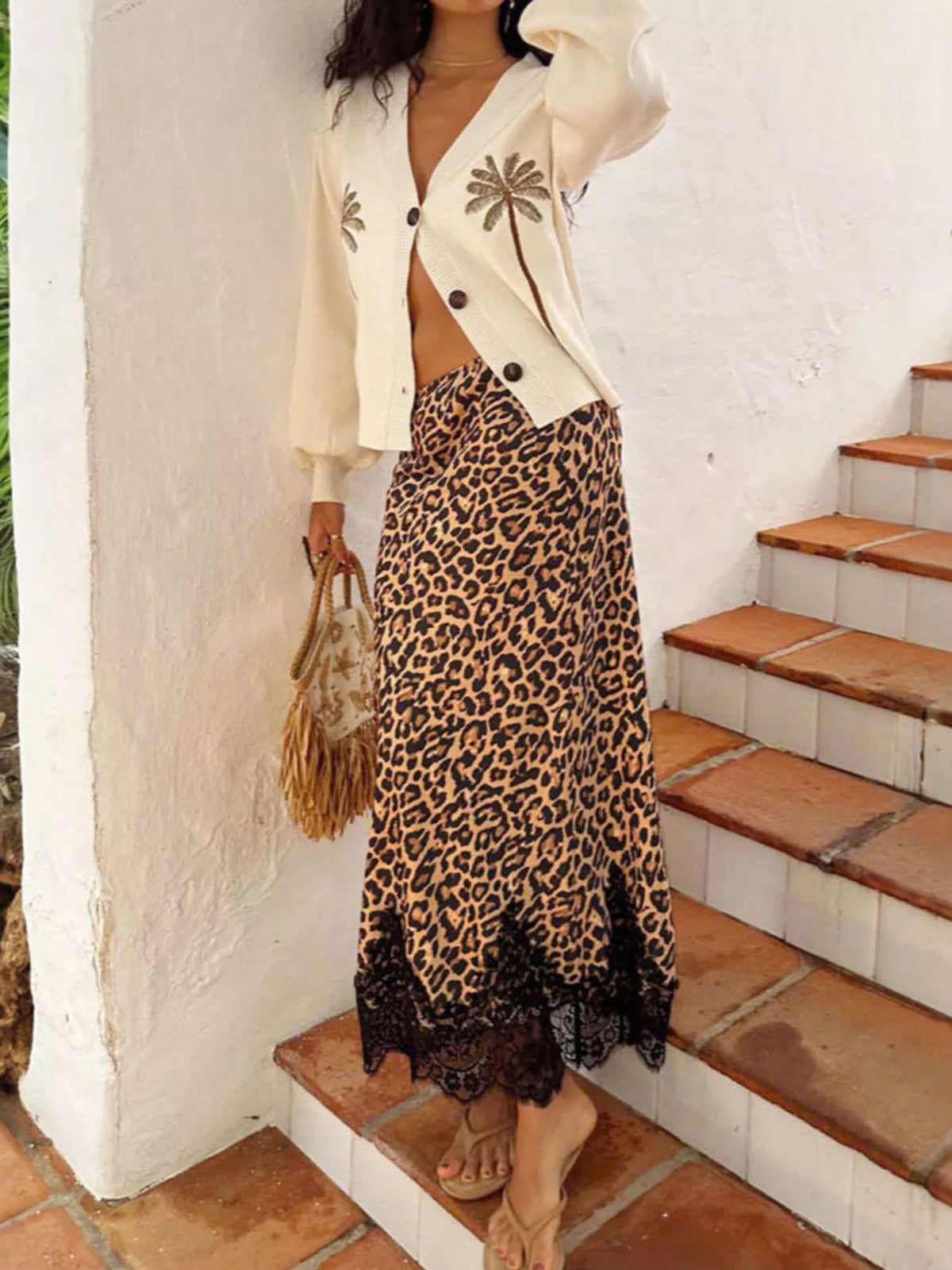 Lace Trim Leopard Maxi Skirt - Leopard - View 2