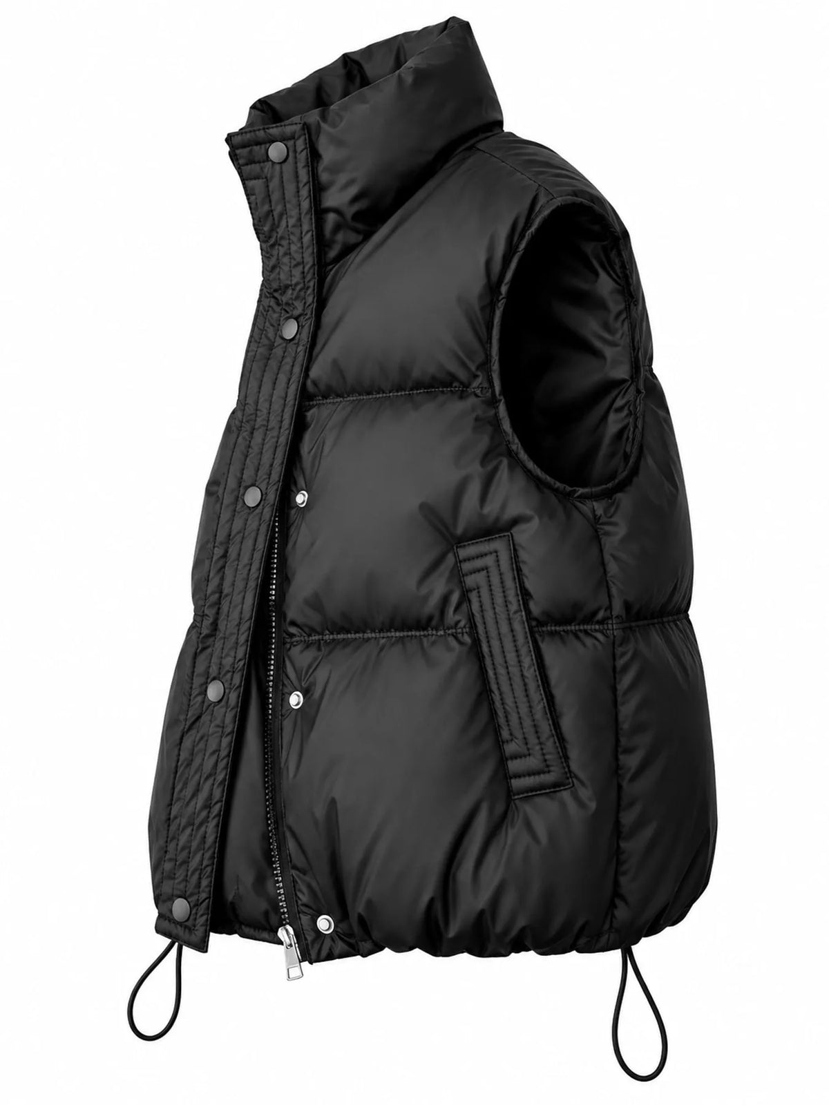 Drawstring Snap Down Puffer Vest Coat - Black - View 3