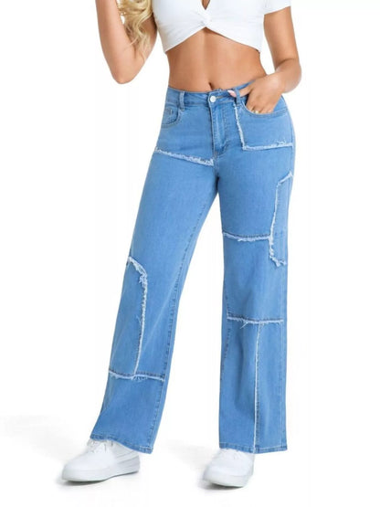 Frayed Edge Straight Leg Jeans - Light Blue - View 2