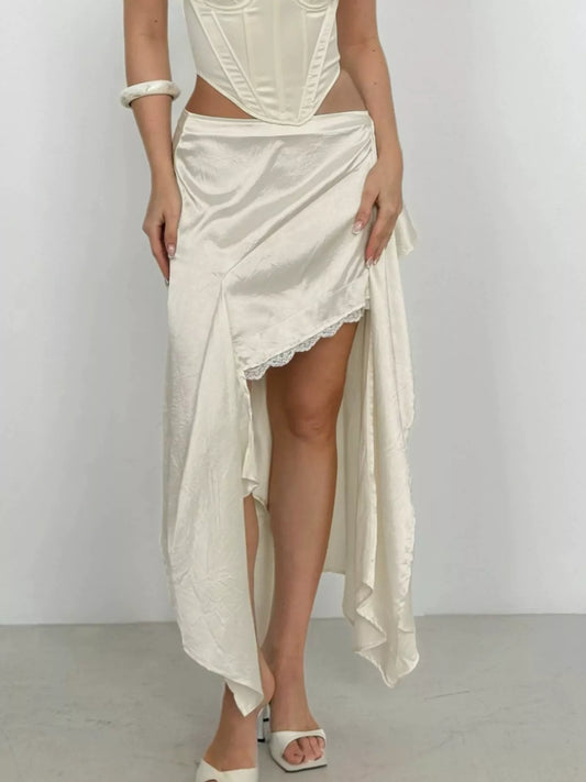 Satin High-Low Lace Trim Skirt - Apricot - View 2